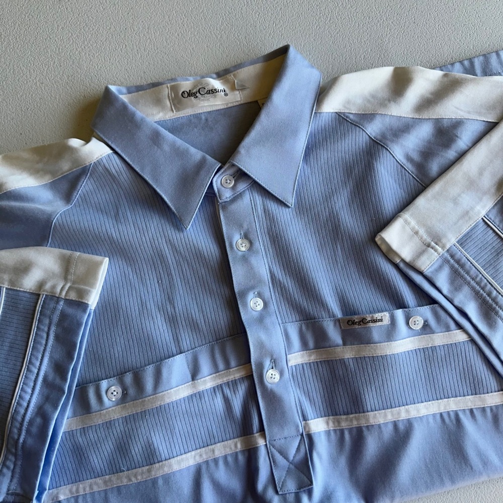 Oleg Cassini Polo Shirt Mens XXL Blue White Ribbed Colorblock Vintage Excellent